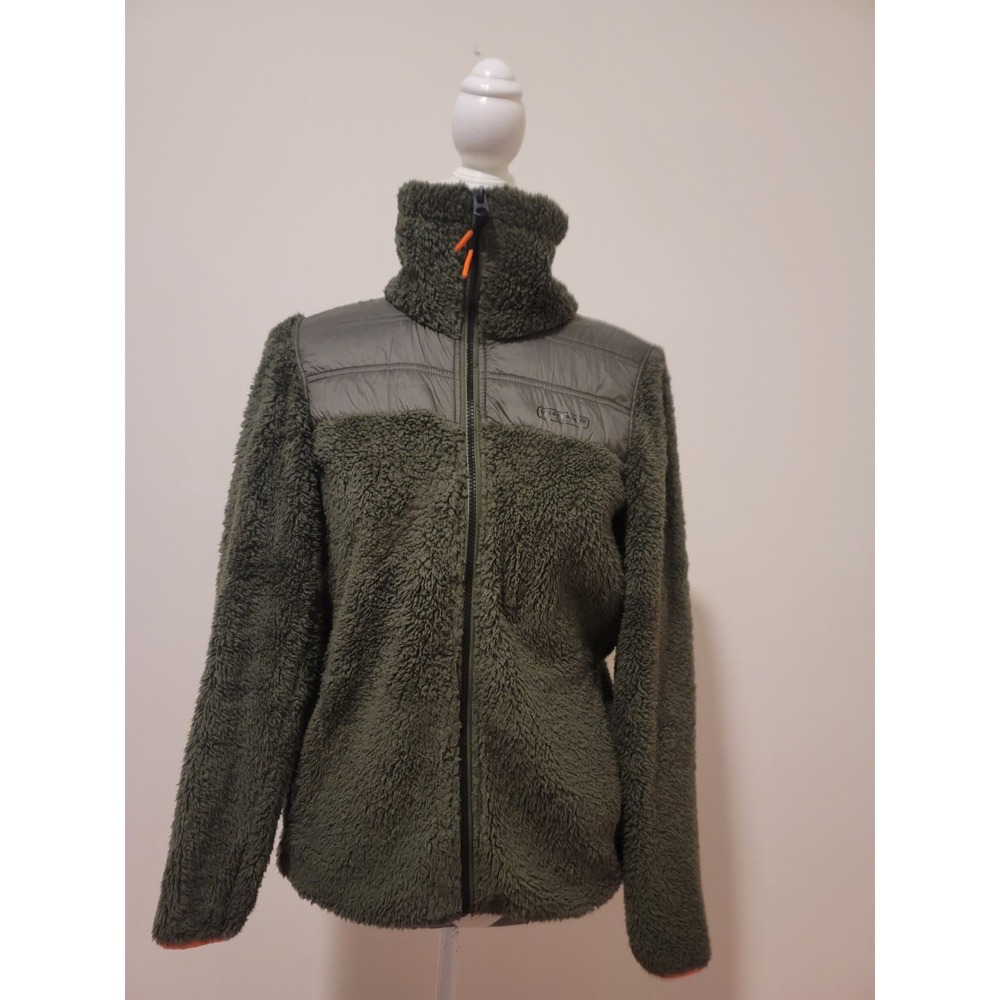 Lucky Brand Womens Sherpa Fleece Jacket Sz S Olive Green Orange Trim Full Zip